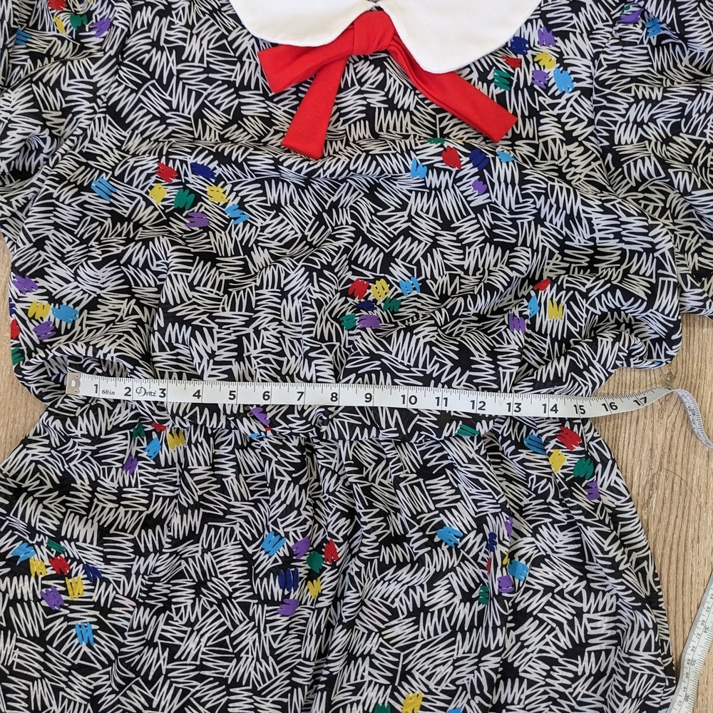 Vintage 80s Peter Pan Collar Abstract Dress L Bow Tie Blouson Art Teacher Quirky - Picture 14 of 16